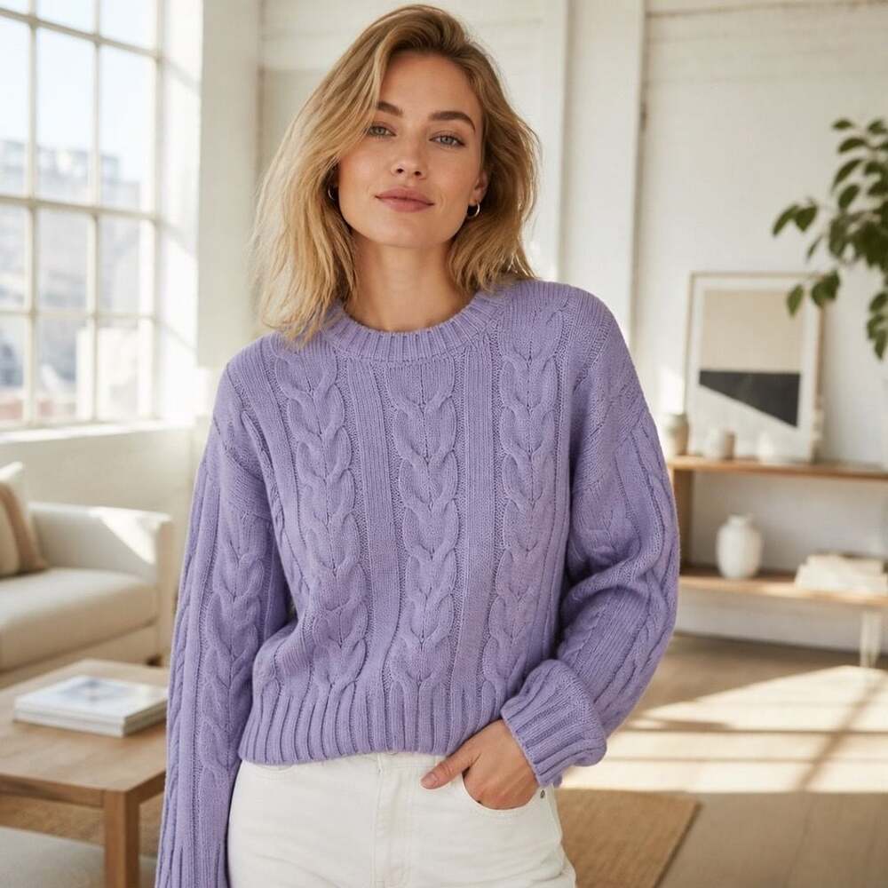 Banana Republic Lavender Purple Cable Knit Crewneck Sweater Size Large